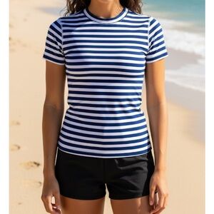 Joe Fresh Short Sleeve Rashguard Navy Blue and White Stripes Women’s Medium